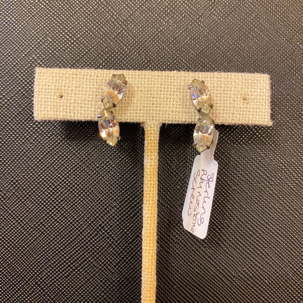 Vtg 50s Sterling Clear Rhinestone Leaf Screw Back Earrings